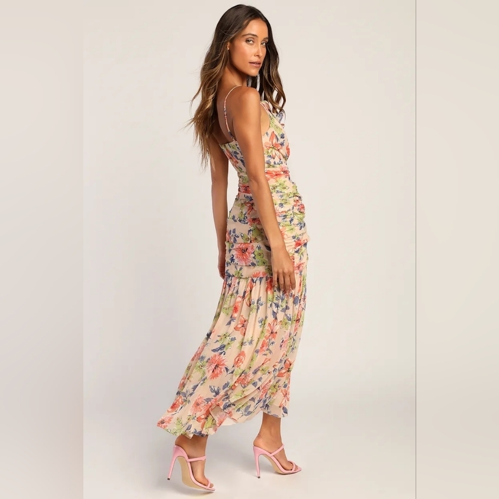Lulus Stunning Soiree Blush Pink Floral Print Ruched Midi Dress XL Wedding Party - Picture 5 of 12